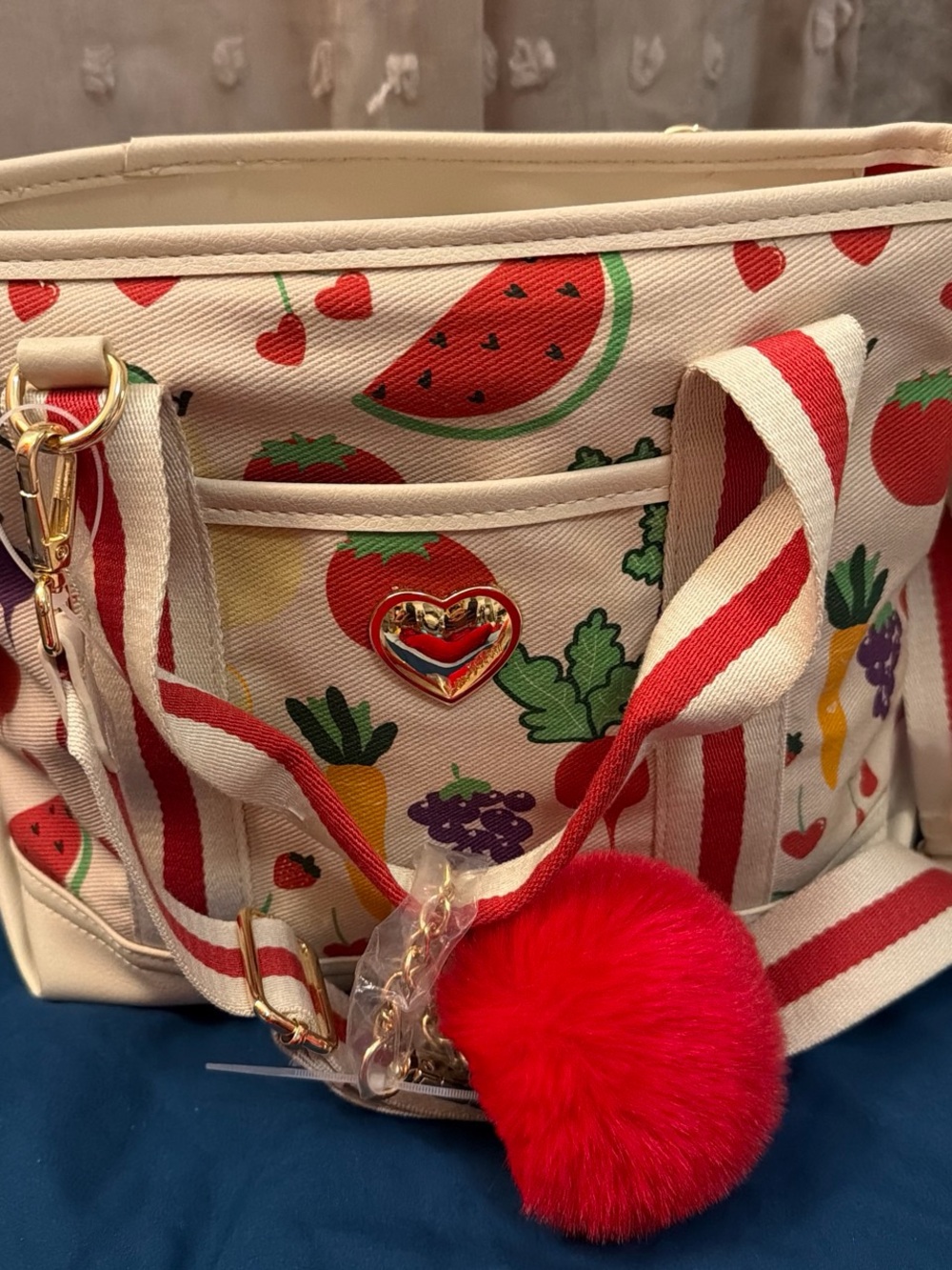 Betsey Johnson Cream Canvas Crossbody with Red Fruit Print & Red Pom
